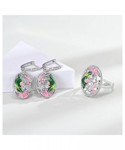 925 Sterling Silver Plated Leaf Flower Floral Plant Rings Colorful Enamel Jewelry Set CZ Simulated Diamond Statement Ring for...