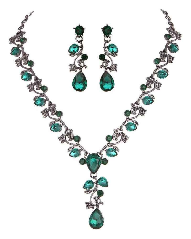 Leaf Vine Crystal Necklace Earrings Jewelry Set for Bridesmaids V-Neck Formal Evening Dress Emerald Color Black-tone $10.25 J...