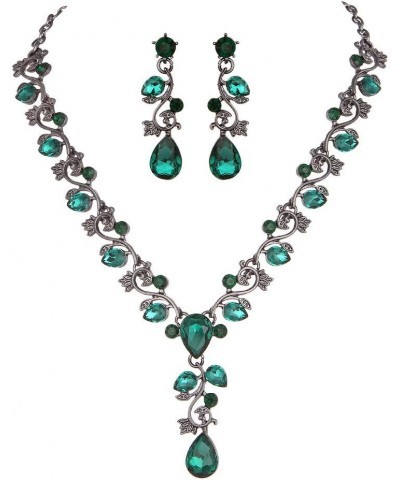 Leaf Vine Crystal Necklace Earrings Jewelry Set for Bridesmaids V-Neck Formal Evening Dress Emerald Color Black-tone $10.25 J...