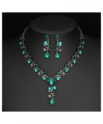 Leaf Vine Crystal Necklace Earrings Jewelry Set for Bridesmaids V-Neck Formal Evening Dress Emerald Color Black-tone $10.25 J...