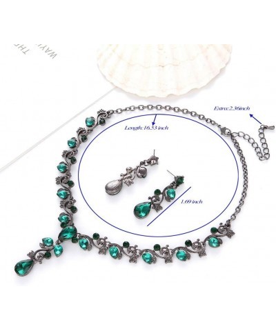 Leaf Vine Crystal Necklace Earrings Jewelry Set for Bridesmaids V-Neck Formal Evening Dress Emerald Color Black-tone $10.25 J...