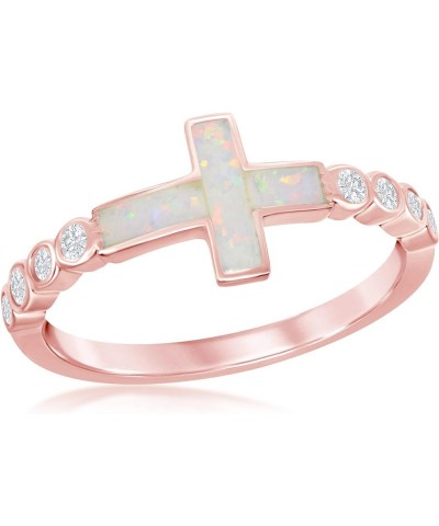 Sterling Silver/Rose Gold Plated Created White Opal Cross CZ Band Ring Rose Gold $23.99 Rings