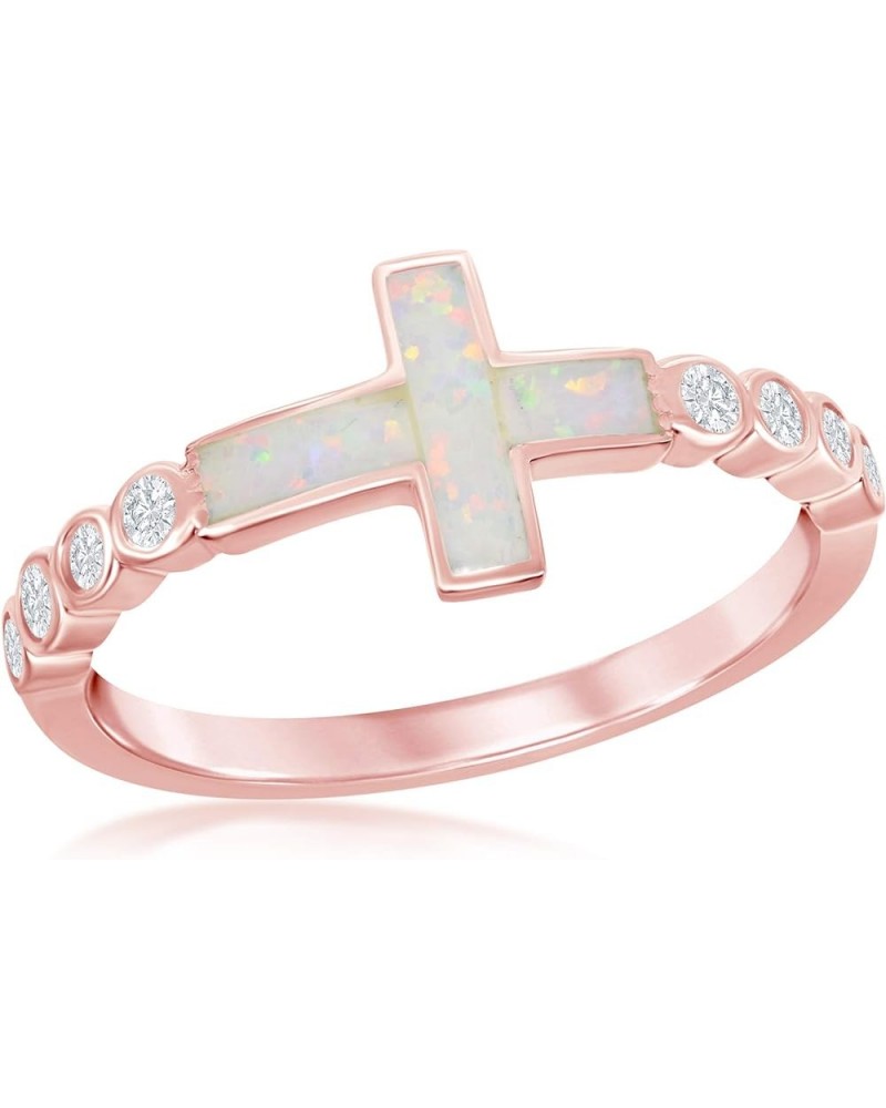 Sterling Silver/Rose Gold Plated Created White Opal Cross CZ Band Ring Rose Gold $23.99 Rings