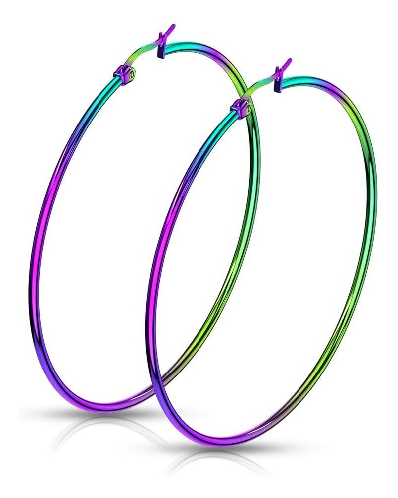 Pair Of Rainbow Anodized 316L Stainless Steel Round Hoop Earrings L: 65mm $9.53 Body Jewelry