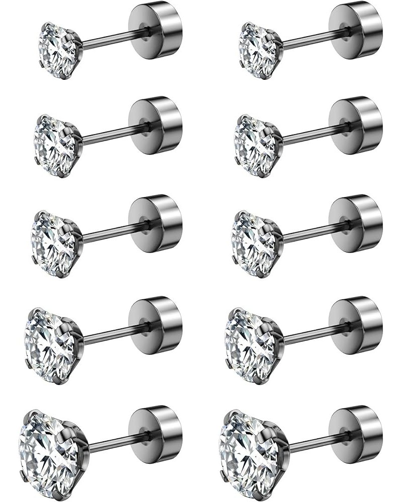 5 Pairs Stud Earrings Set, Hypoallergenic Cubic Zirconia 316L Earrings Stainless Steel CZ Earrings 3-8mm (Steel color) E1 $7....