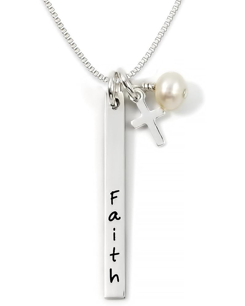 Skinny Name Bar with Mini Cross and Swarovski Pearl Personalized Name Necklace. Customize 2 Sterling Silver Rectangular Penda...