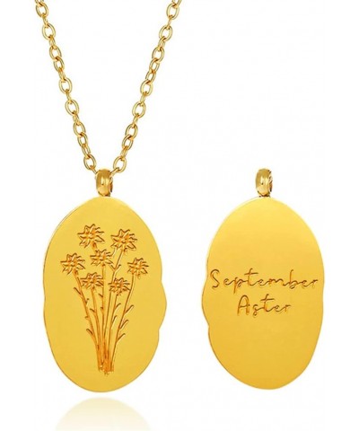 Birth Month Flower Necklace Irregular Oval Pendant Stainless Steel 18K Gold Necklace September $6.29 Necklaces