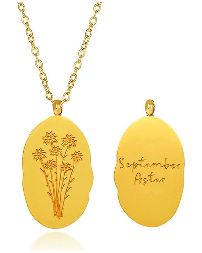 Birth Month Flower Necklace Irregular Oval Pendant Stainless Steel 18K Gold Necklace September $6.29 Necklaces