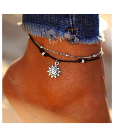 Journey studio Retro Carved Anklet Metal Sun Foot Chain Adjustable Double Layer Beach Accessories $3.12 Anklets