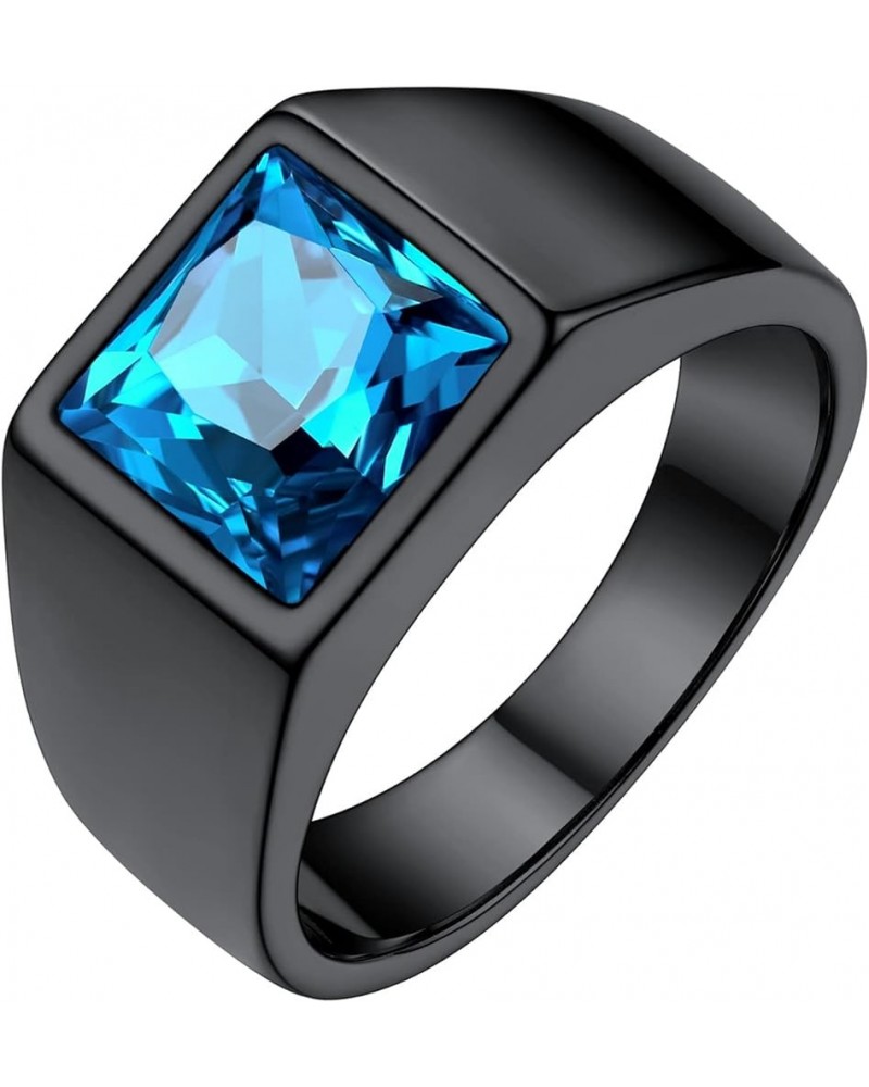 Stainless Steel Black/Blue Gemstone Signet Rings for Men Women Square Created Topaz/Custom Birthstone Nugget Ring for Party A...