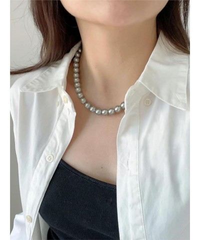 Pearl Strand Necklace for Women Faux Grey Round Crystal Pearl Choker 8-10mm Wide 17.72 Inches Easy Open Clasp Bridesmaid Neck...