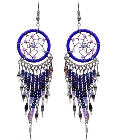 Large Dream Catcher Long Seed Beaded Metal Dangle Earrings - Womens Fashion Handmade Jewelry Boho Accessories Purple/Lavender...