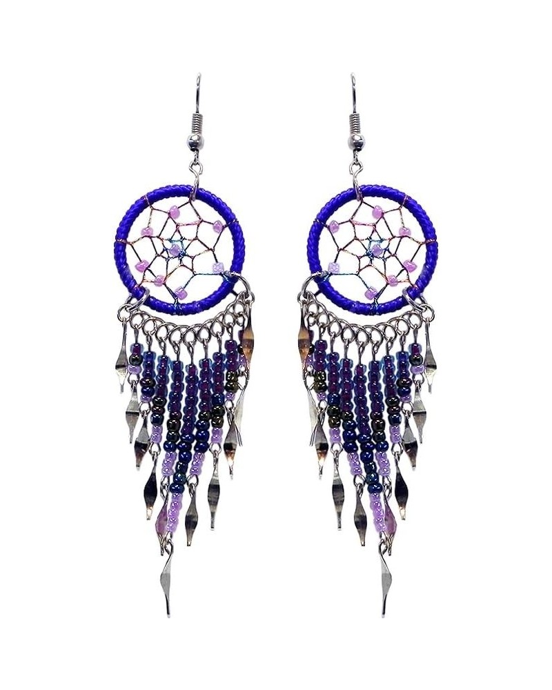 Large Dream Catcher Long Seed Beaded Metal Dangle Earrings - Womens Fashion Handmade Jewelry Boho Accessories Purple/Lavender...