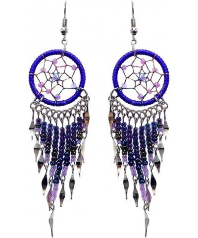 Large Dream Catcher Long Seed Beaded Metal Dangle Earrings - Womens Fashion Handmade Jewelry Boho Accessories Purple/Lavender...