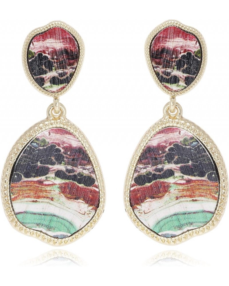 Bohemian Wood And Flower Printed Oval Shaped Drop Statement Earrings MULTI $7.50 Earrings