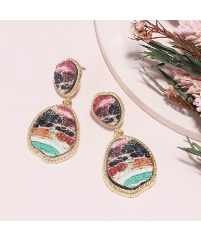 Bohemian Wood And Flower Printed Oval Shaped Drop Statement Earrings MULTI $7.50 Earrings