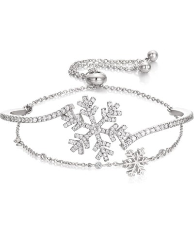 Sparkle Cubic Zirconia Snowflake Bracelet Winter Flower Layered Bangle Adjustable Link Bracelets Christmas Jewelry Gift for W...