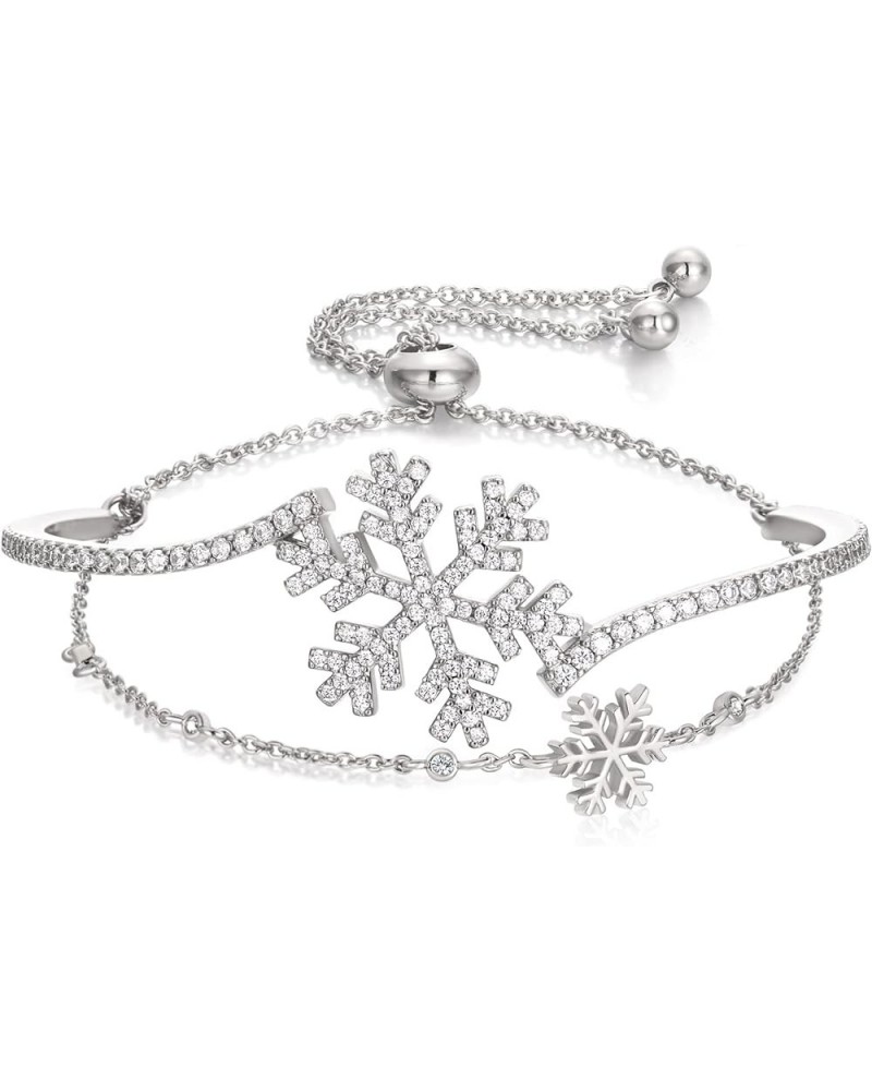 Sparkle Cubic Zirconia Snowflake Bracelet Winter Flower Layered Bangle Adjustable Link Bracelets Christmas Jewelry Gift for W...