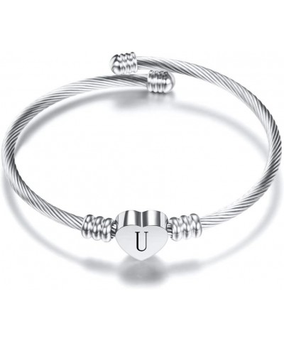 Stainless Steel Cable Wire Heart Charm Alphabet Initial Letters Adjustable Size Bangle Bracelet Silver-U $7.19 Bracelets