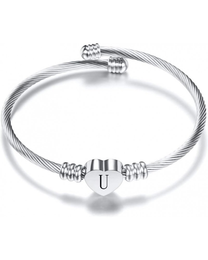 Stainless Steel Cable Wire Heart Charm Alphabet Initial Letters Adjustable Size Bangle Bracelet Silver-U $7.19 Bracelets