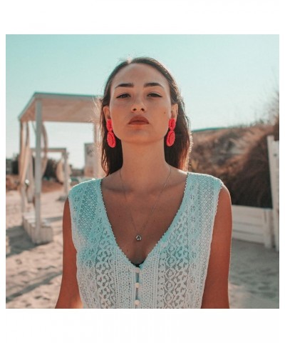 Boho Raffia Dangle Earrings Beaded - Handmade Tropical Flower Earrings for Summer Beach Vacation RED $9.71 Earrings