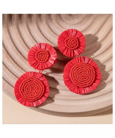 Boho Raffia Dangle Earrings Beaded - Handmade Tropical Flower Earrings for Summer Beach Vacation RED $9.71 Earrings