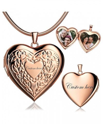 Personalized Picture Locket Necklace Heart Memorial Locket That Hold 2 Pictures Jewelry Gift for Women&Girls Rose Golden - Fl...