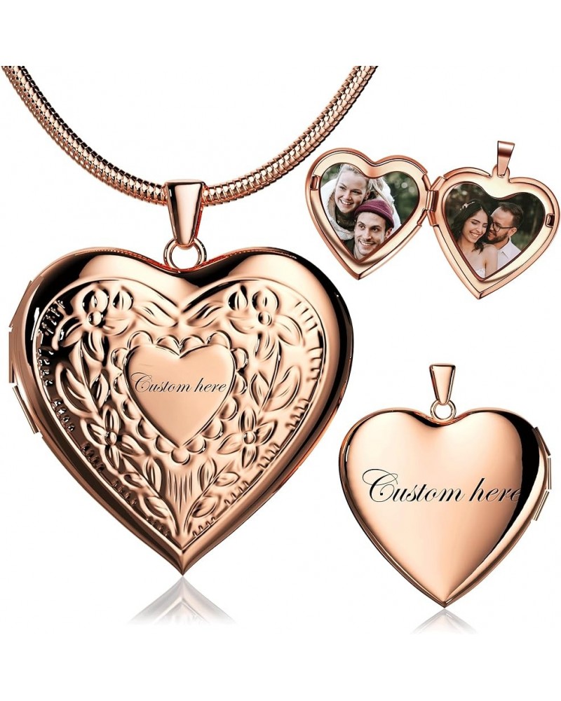 Personalized Picture Locket Necklace Heart Memorial Locket That Hold 2 Pictures Jewelry Gift for Women&Girls Rose Golden - Fl...