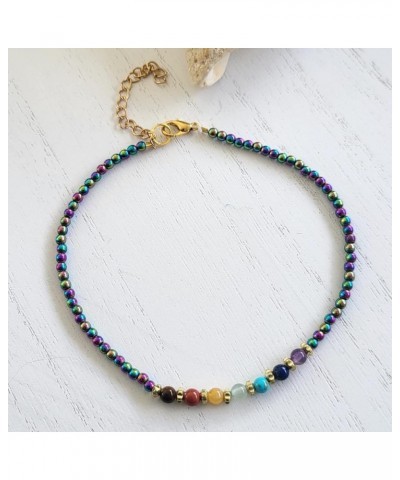 Rainbow Anklet Bracelet Hue Twisted Hematite and Round Artisan Beaded Anklet with Extension Handmade Hypoallergenic Beach Gal...