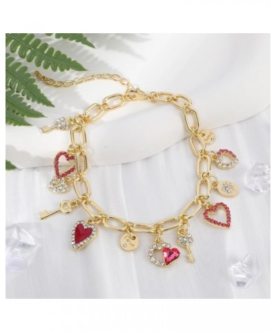 Cute Gold Heart Charm Link Bracelets for Women Teen Girls Gold Plated CZ Love Heart Lock Key Lucky Clover Charm Chain Bracele...