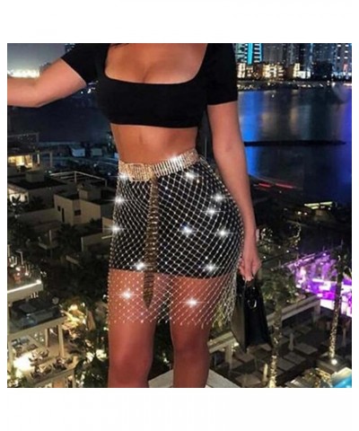 Crystal Mesh Skirts Rhinestone Body Chain Sparkly Elastic Waist Chain Festival Short Skirt Halloween Party Body Jewelry for W...