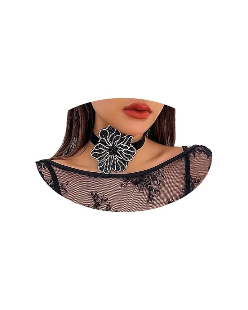 Luxury Rhinestone Big Rose Flower Choker Necklace Black Adjustable Leather Rope Clavicle Chain Neck Crystal Body Chain Neckla...