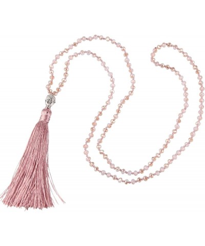 Exclusive Crystal Beaded Necklace Luxury Silver Buddha Head Tassel Long Necklace Light Pink $8.21 Necklaces