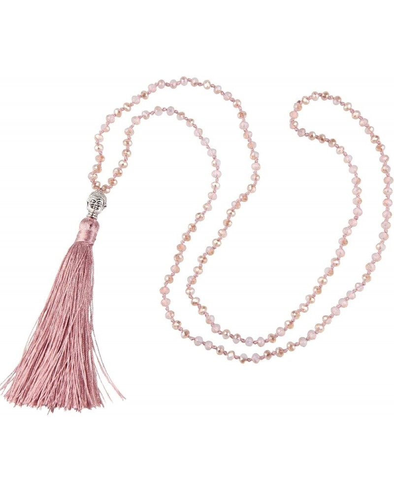 Exclusive Crystal Beaded Necklace Luxury Silver Buddha Head Tassel Long Necklace Light Pink $8.21 Necklaces