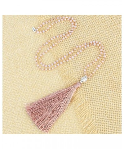 Exclusive Crystal Beaded Necklace Luxury Silver Buddha Head Tassel Long Necklace Light Pink $8.21 Necklaces