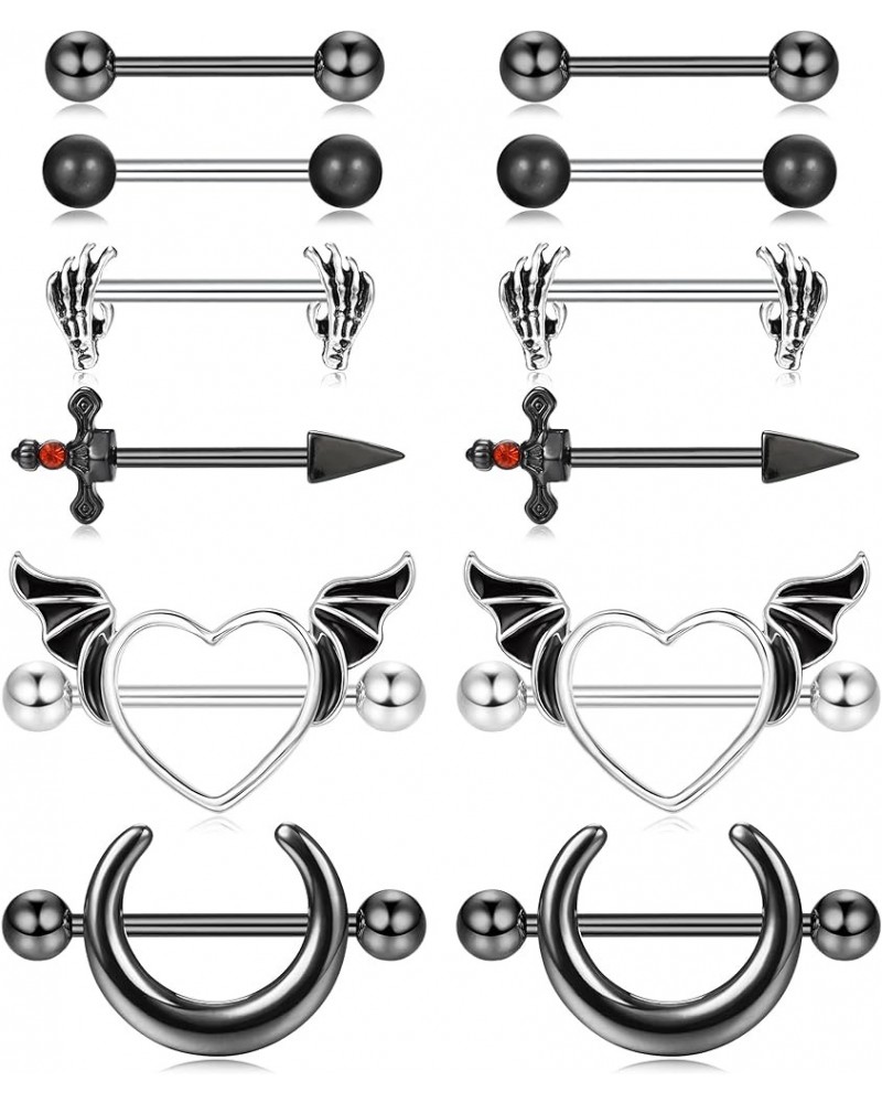 6 Pairs 14G Nipple Rings for Women 316L Stainless Steel Heart Butterfly Moon CZ Flower Barbell Nipple Rings Set Cute Nippleri...