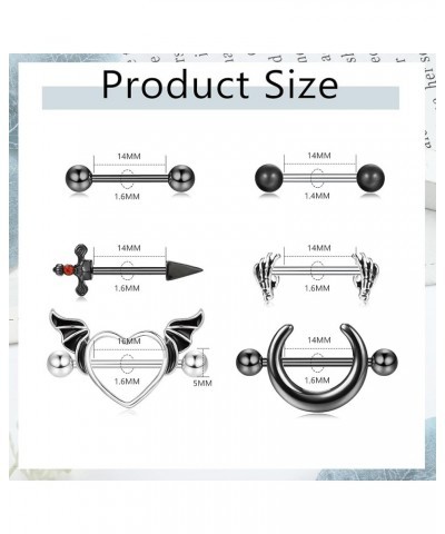 6 Pairs 14G Nipple Rings for Women 316L Stainless Steel Heart Butterfly Moon CZ Flower Barbell Nipple Rings Set Cute Nippleri...