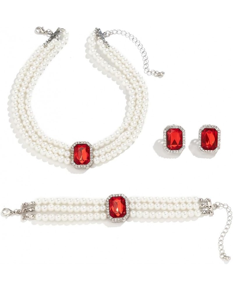 Pearl Beaded Jewelry Set Vintage Multi Strand Earrings Necklace Bracelet Set for Women Girls RED $7.50 Jewelry Sets