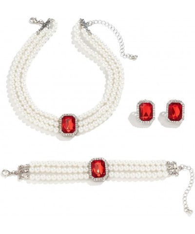 Pearl Beaded Jewelry Set Vintage Multi Strand Earrings Necklace Bracelet Set for Women Girls RED $7.50 Jewelry Sets