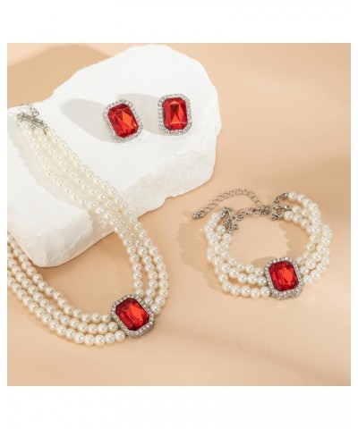 Pearl Beaded Jewelry Set Vintage Multi Strand Earrings Necklace Bracelet Set for Women Girls RED $7.50 Jewelry Sets