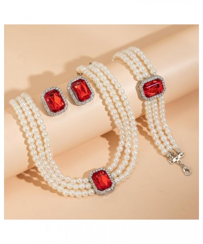 Pearl Beaded Jewelry Set Vintage Multi Strand Earrings Necklace Bracelet Set for Women Girls RED $7.50 Jewelry Sets