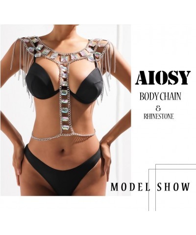 Aiosy Sparkly Rhinestone Body Chain Bra Silver Women Crystal Backless Tassel Chest Chains Bikini Halter Mesh Tops Layered Rav...