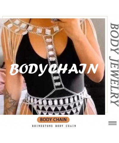 Aiosy Sparkly Rhinestone Body Chain Bra Silver Women Crystal Backless Tassel Chest Chains Bikini Halter Mesh Tops Layered Rav...