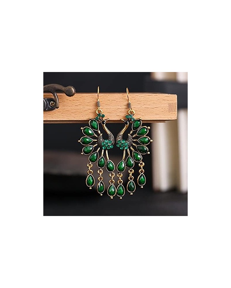 KOH Ethnic Female Indian Peacock Jewelry Shape Earrings Jhumka Blue Carved Stone Beads Alloy Dangle Earrings-57555 Ez102-6 $9...