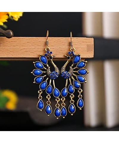 KOH Ethnic Female Indian Peacock Jewelry Shape Earrings Jhumka Blue Carved Stone Beads Alloy Dangle Earrings-57555 Ez102-6 $9...