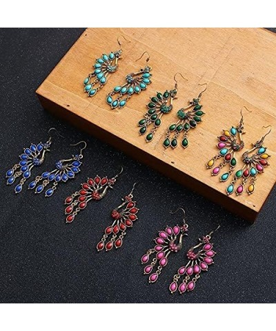 KOH Ethnic Female Indian Peacock Jewelry Shape Earrings Jhumka Blue Carved Stone Beads Alloy Dangle Earrings-57555 Ez102-6 $9...