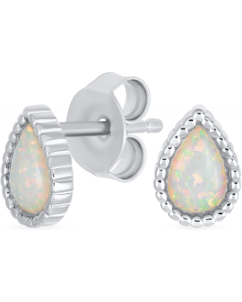 Traditional Victorian Style White Teardrop Oval Created Opal Stud Earrings For Women .925 Sterling Silver Halo October Births...