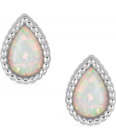 Traditional Victorian Style White Teardrop Oval Created Opal Stud Earrings For Women .925 Sterling Silver Halo October Births...