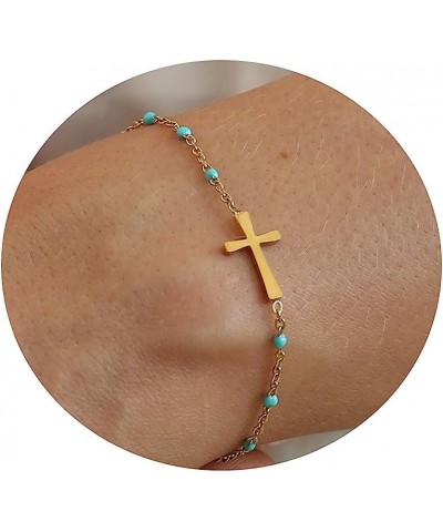 18K Gold Beaded Cross Bracelet for Women Christian Crucifix Rosary Cross Bracelets Dainty Stainless Steel Minimalist Faith Je...