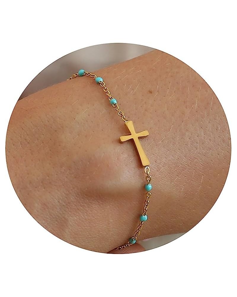 18K Gold Beaded Cross Bracelet for Women Christian Crucifix Rosary Cross Bracelets Dainty Stainless Steel Minimalist Faith Je...